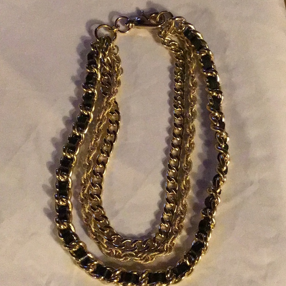 EUC Triple Strand Necklace Gold tone and Leather